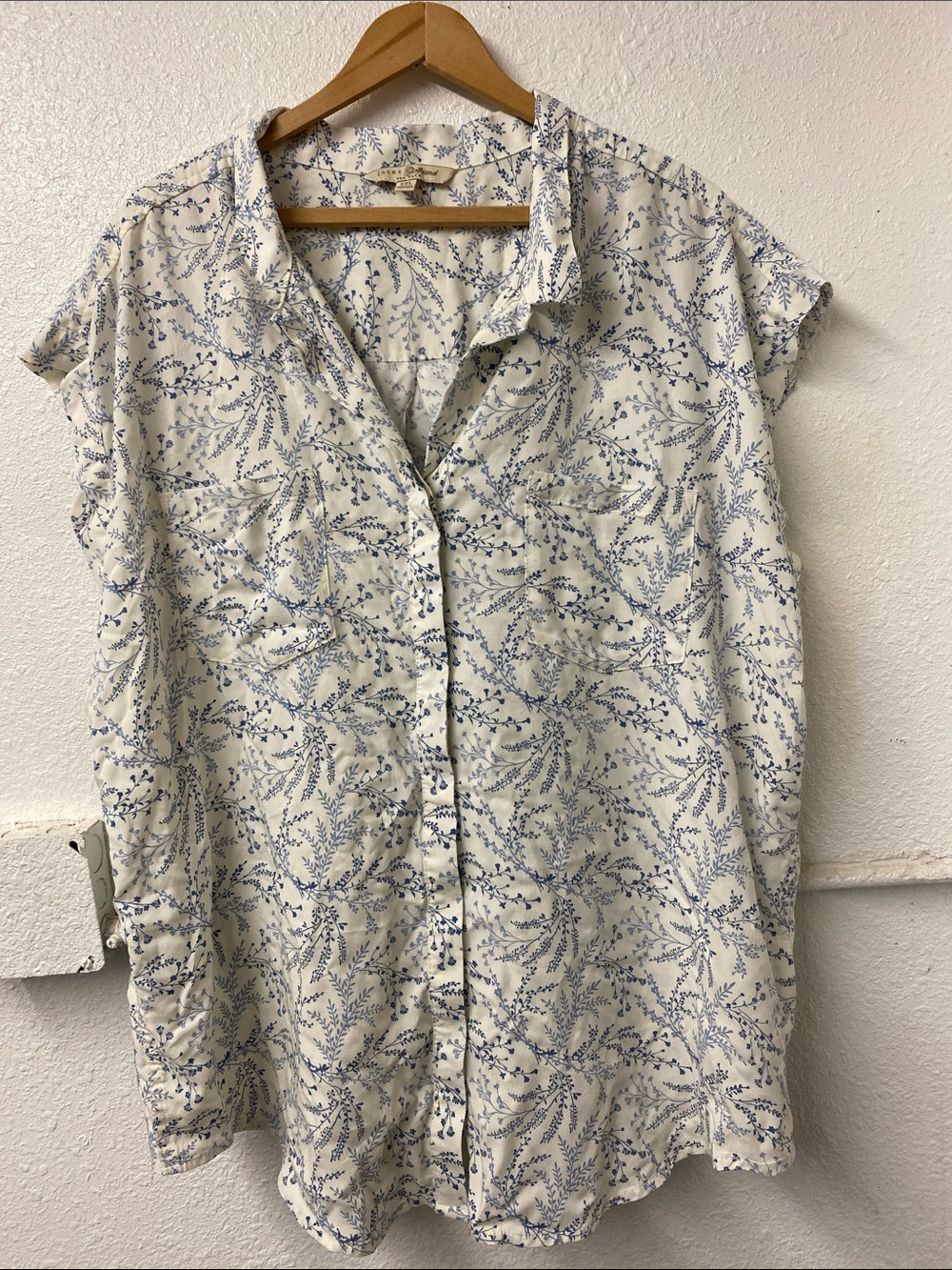 JACHS Girlfriend Cream Button-Down Shirt with Blue Botanical Print